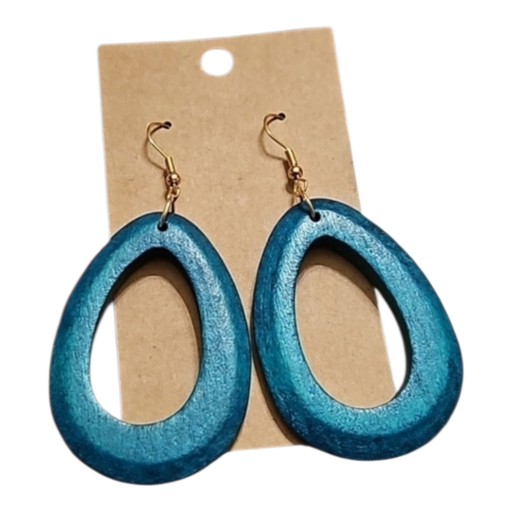 Handmade New Turquoise Wooden Oval Cut Out Dangle Earrings